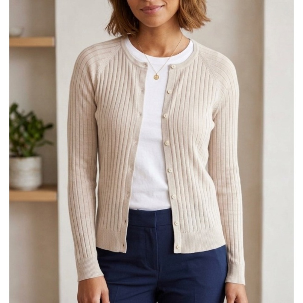 August Silk Womens Beige 100% Silk Ribbed Button Front Cardigan Sweater Size S